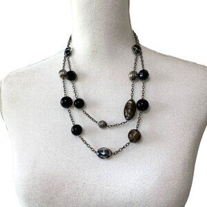 Glass Beads Necklace Double Strand Multi Beads Black Silver Tone Women’s